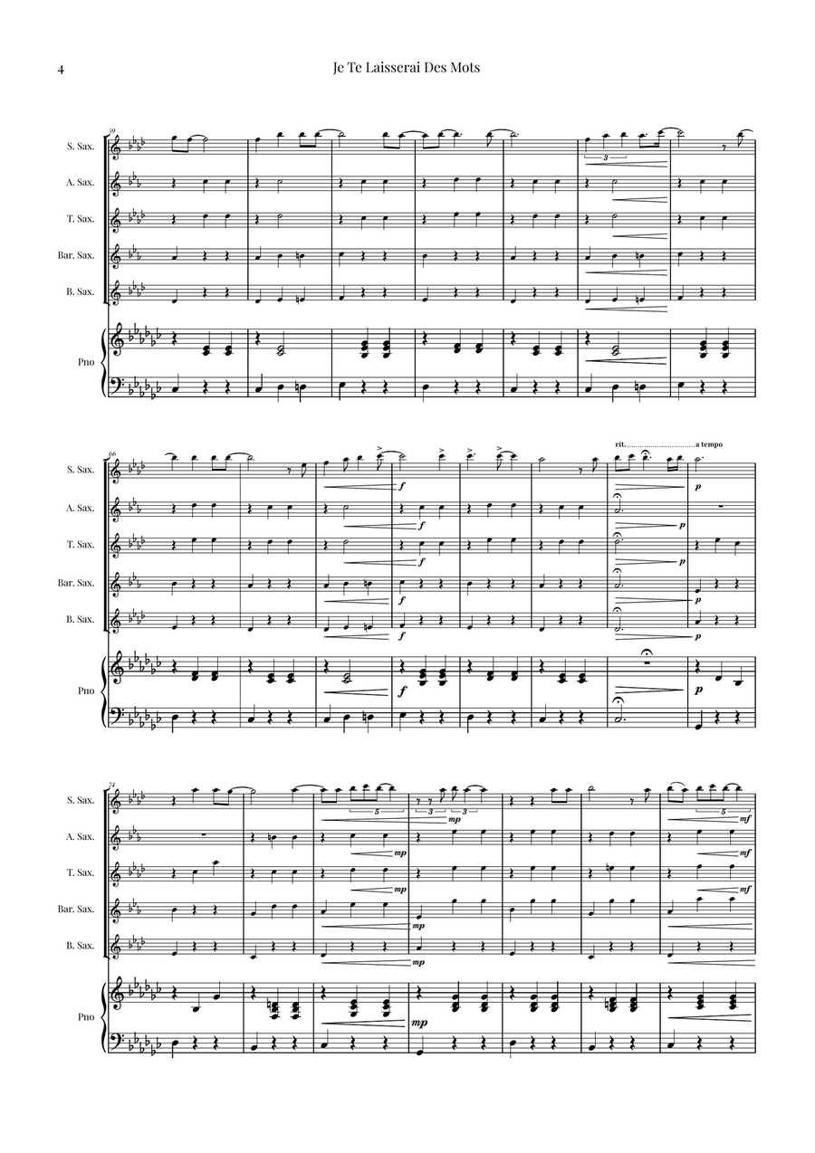 Je Te Laisserai Des Mots Saxophone Quintet scores gallery preview page 4