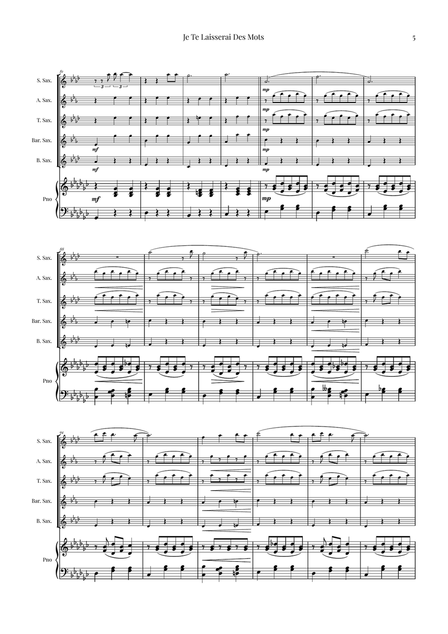 Je Te Laisserai Des Mots Saxophone Quintet scores gallery preview page 5