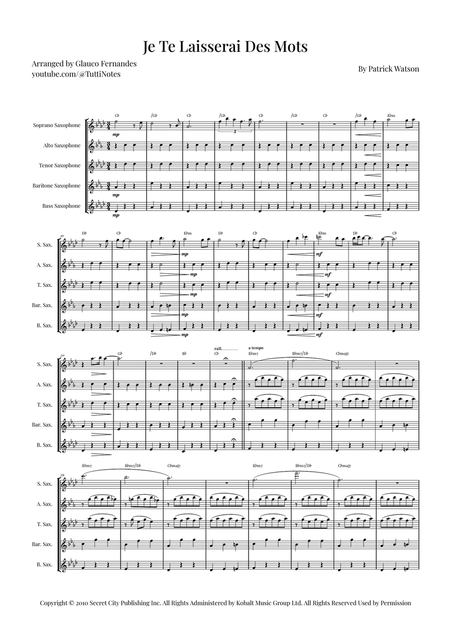 Je Te Laisserai Des Mots Saxophone Quintet scores gallery preview page 1