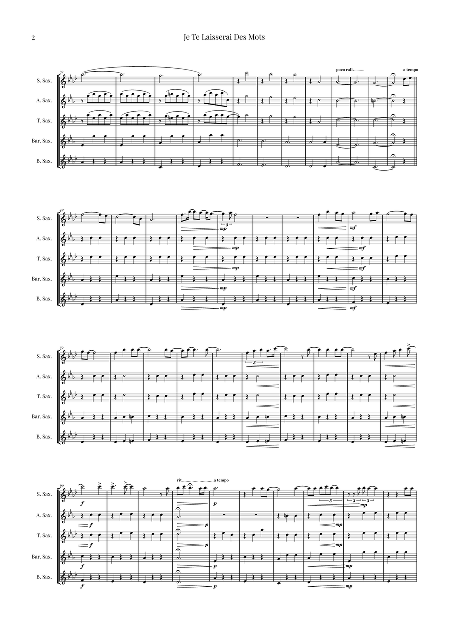 Je Te Laisserai Des Mots Saxophone Quintet scores gallery preview page 2