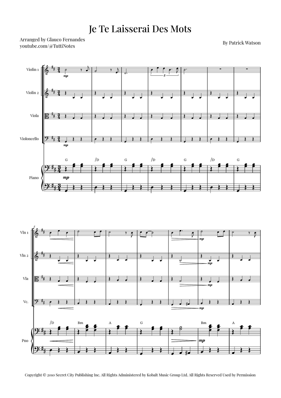 Je Te Laisserai Des Mots String Quartet scores gallery preview page 1