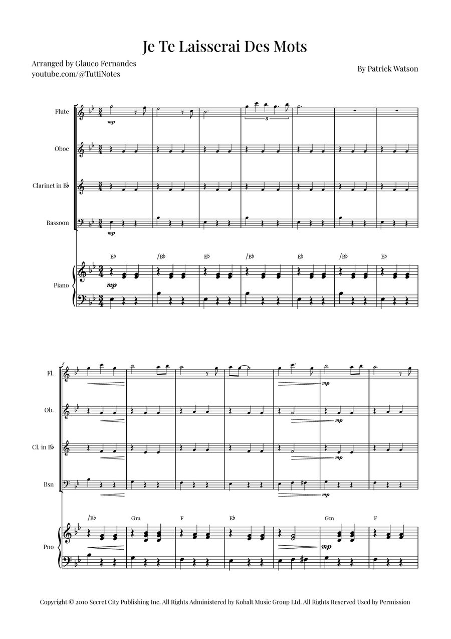 Je Te Laisserai Des Mots Woodwind Quartet scores gallery preview page 1