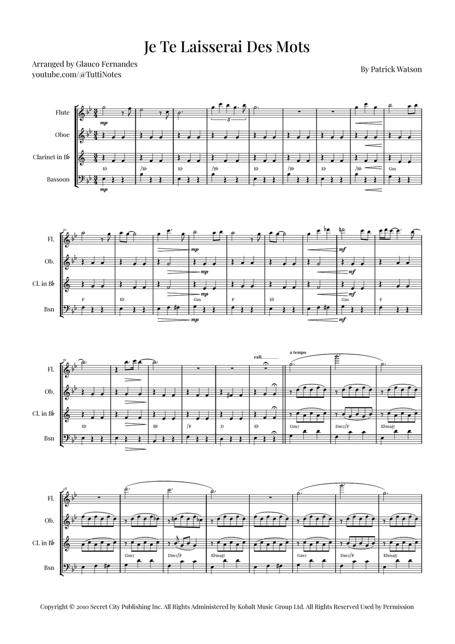 Je Te Laisserai Des Mots Woodwind Quartet scores gallery preview page 1