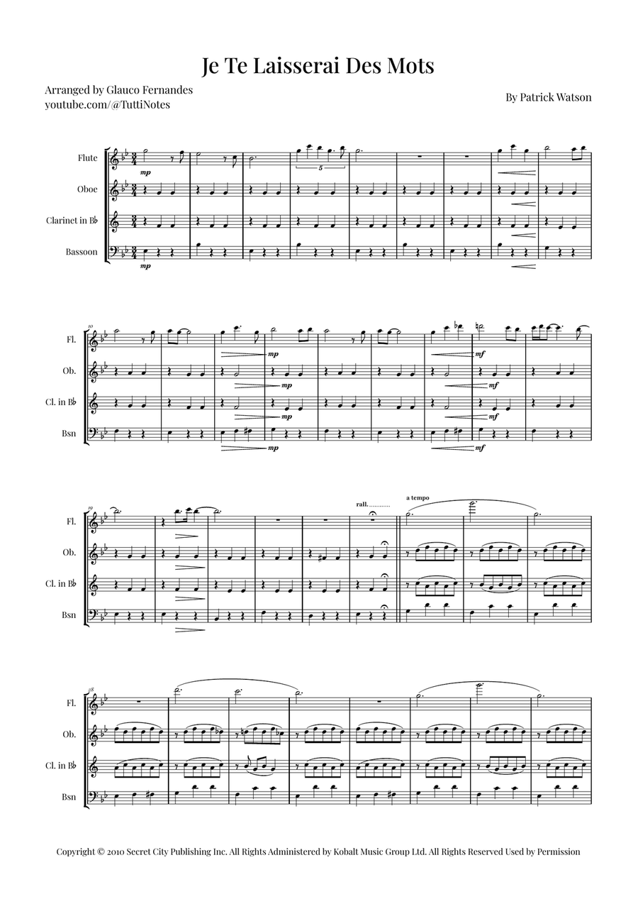 Je Te Laisserai Des Mots Woodwind Quartet scores gallery preview page 1