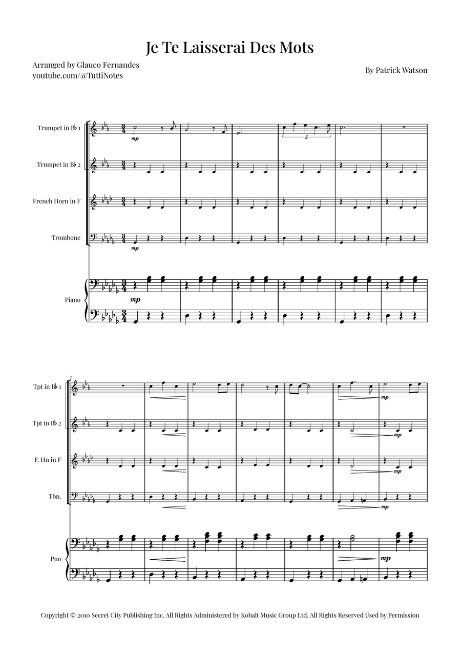 Je Te Laisserai Des Mots Brass Quartet scores gallery preview page 1