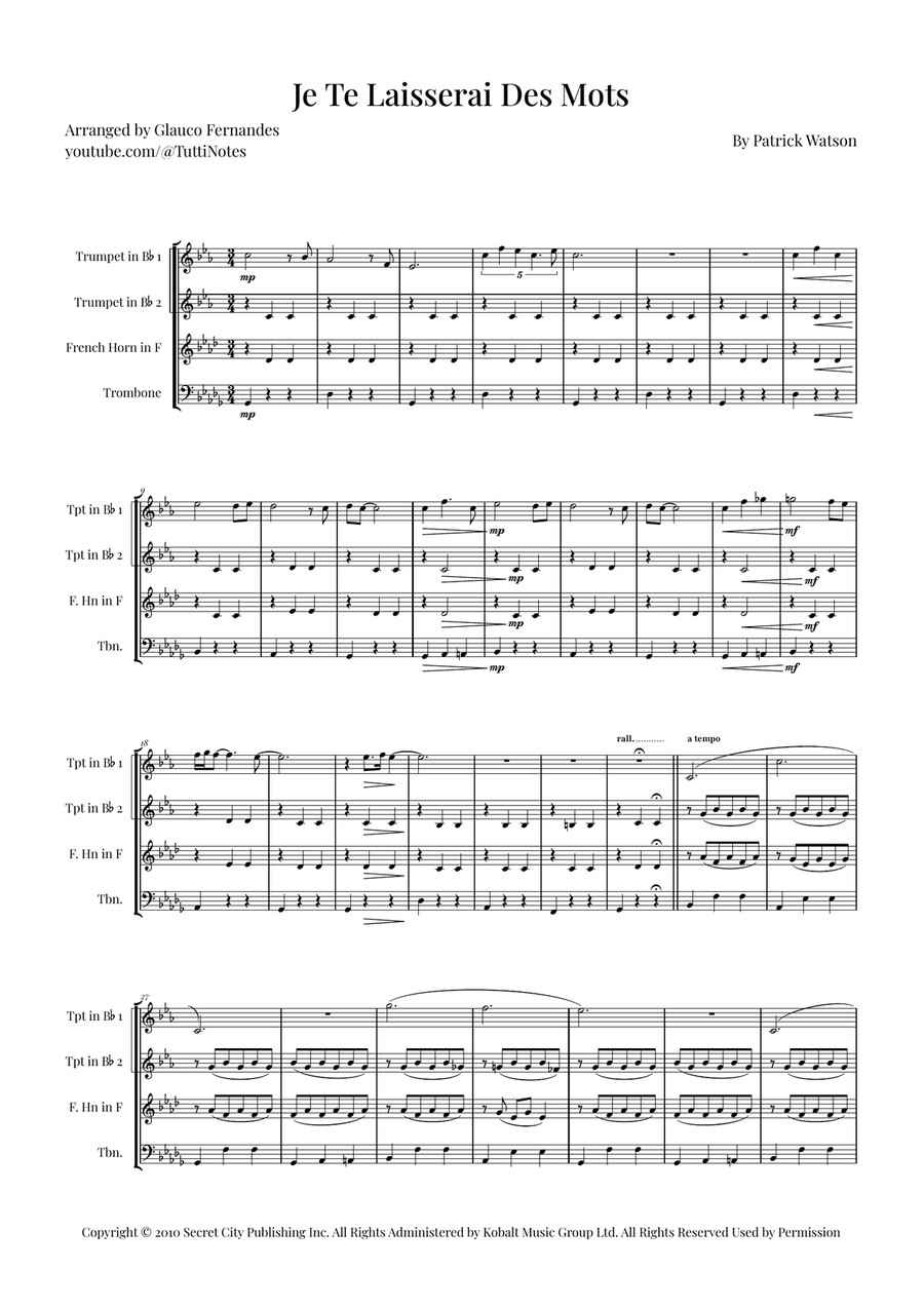 Je Te Laisserai Des Mots Brass Quartet scores gallery preview page 1