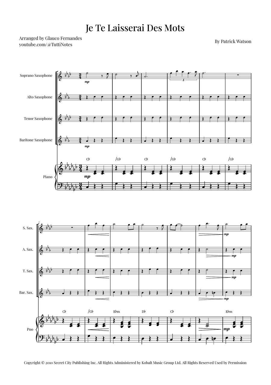 Je Te Laisserai Des Mots Saxophone Quartet scores gallery preview page 1