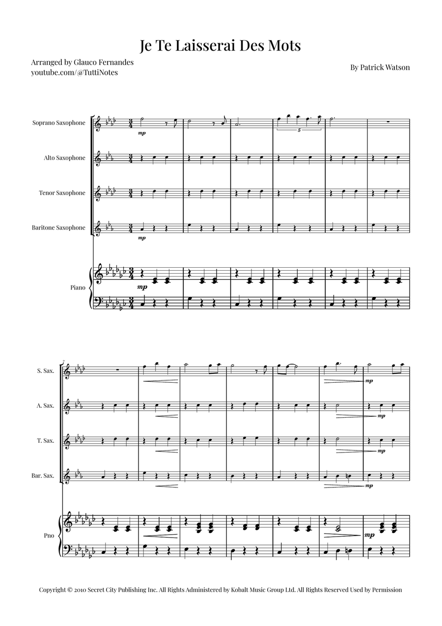 Je Te Laisserai Des Mots Saxophone Quartet scores gallery preview page 1