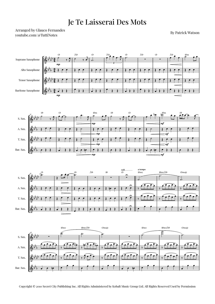Je Te Laisserai Des Mots Saxophone Quartet scores gallery preview page 1