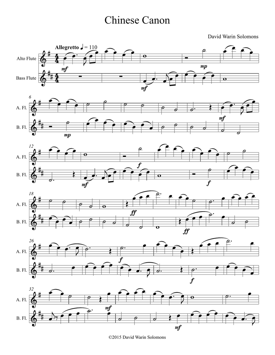 A Chinese canon for alto and bass flutes Flute Duet scores gallery preview page 1
