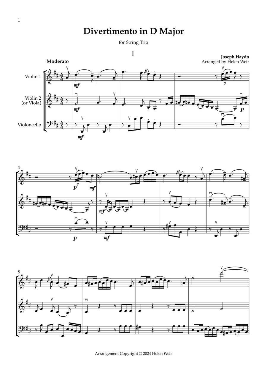 D Major String Trio, HAYDN for 2 Violins & Cello (Viola Option) String Trio scores gallery preview page 1