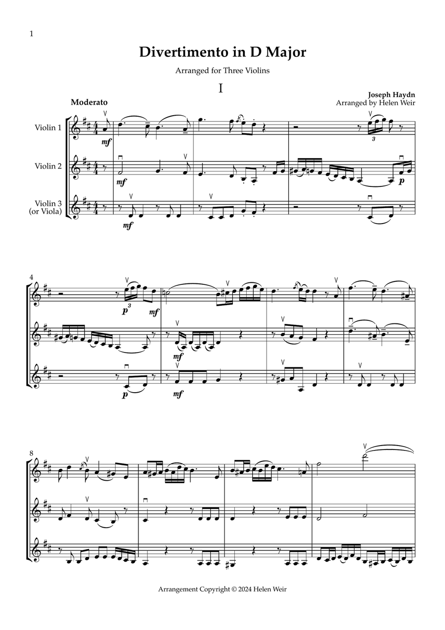 D Major Violin Trio, HAYDN for 3 Violins (Viola option) String Trio scores gallery preview page 1