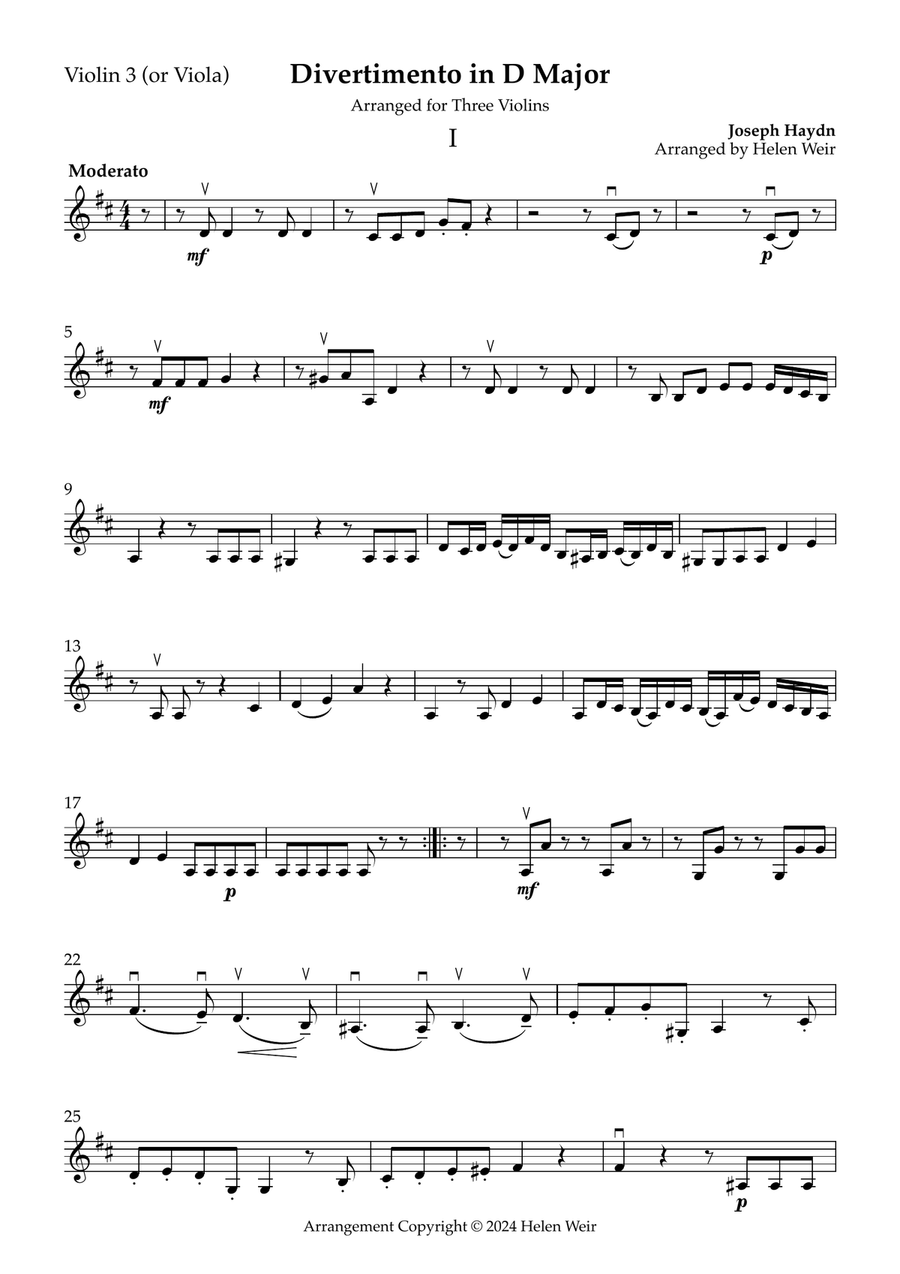D Major Violin Trio, HAYDN for 3 Violins (Viola option) String Trio scores gallery preview page 5