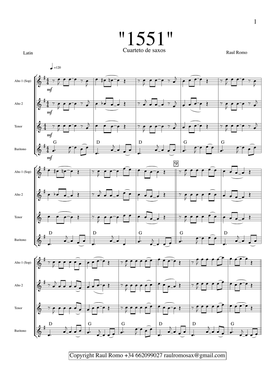 1551 - SAX QUARTET - AATB SATB Saxophone Quartet scores gallery preview page 1