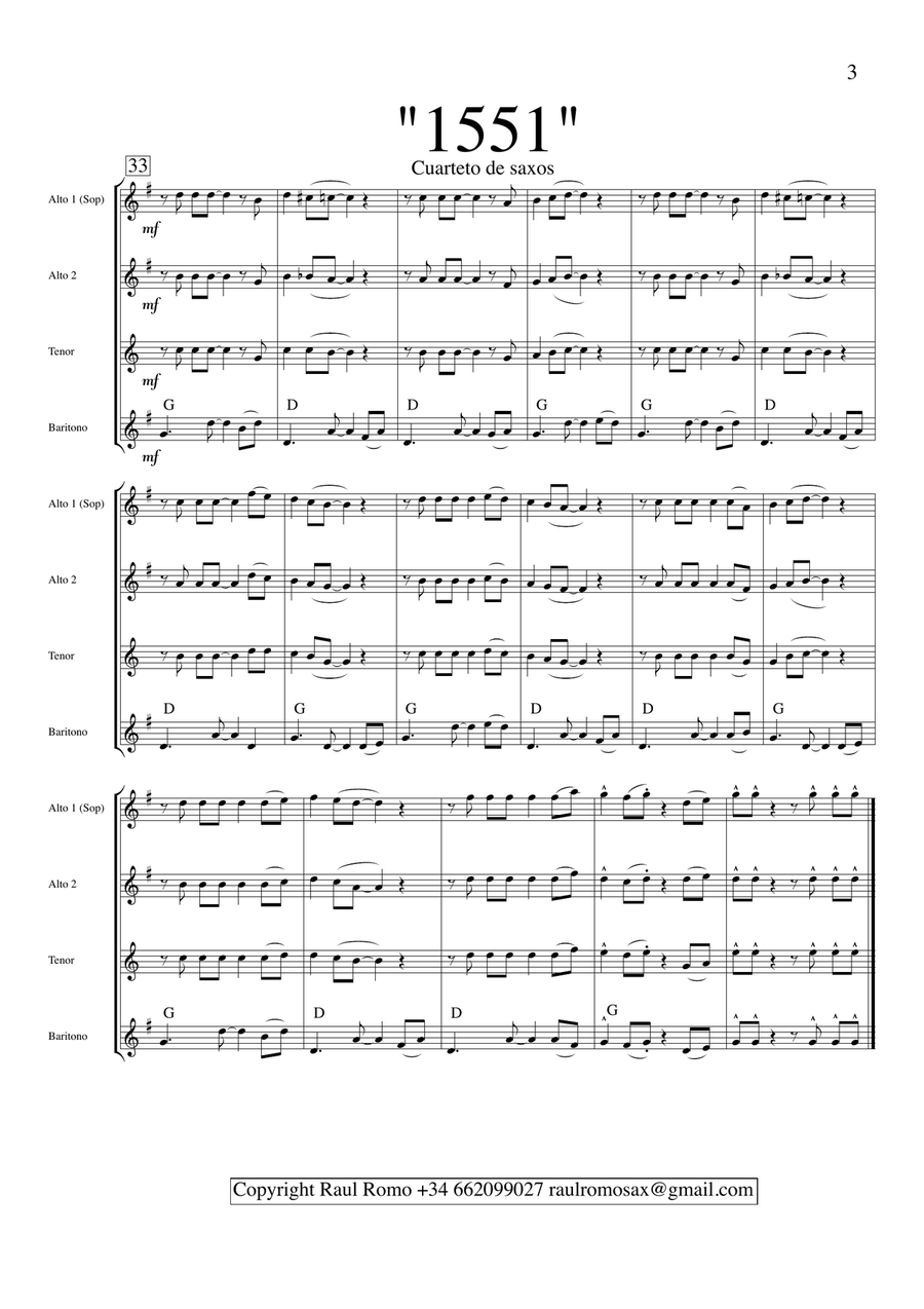 1551 - SAX QUARTET - AATB SATB Saxophone Quartet scores gallery preview page 3