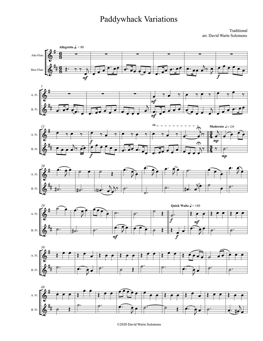 Paddywhack Variations for alto and bass flutes Flute Duet scores gallery preview page 1