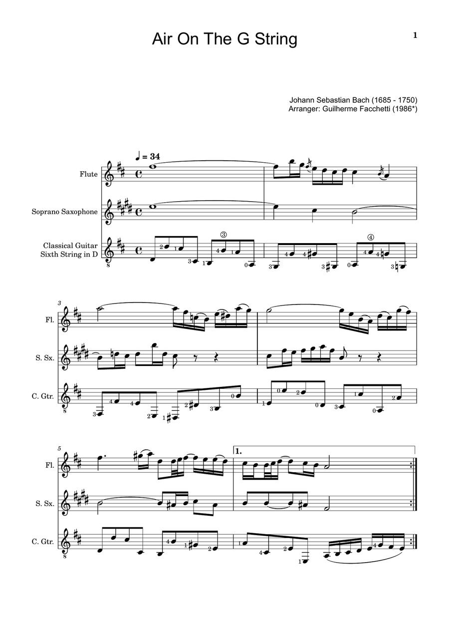 Air on the G String. For Flute, S. Sax and Guitar. Score and Parts. Small Ensemble scores gallery preview page 1