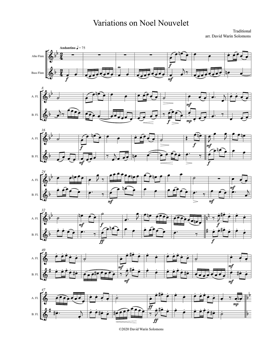Variations on Noel Nouvelet for alto and bass flutes Flute Duet scores gallery preview page 1