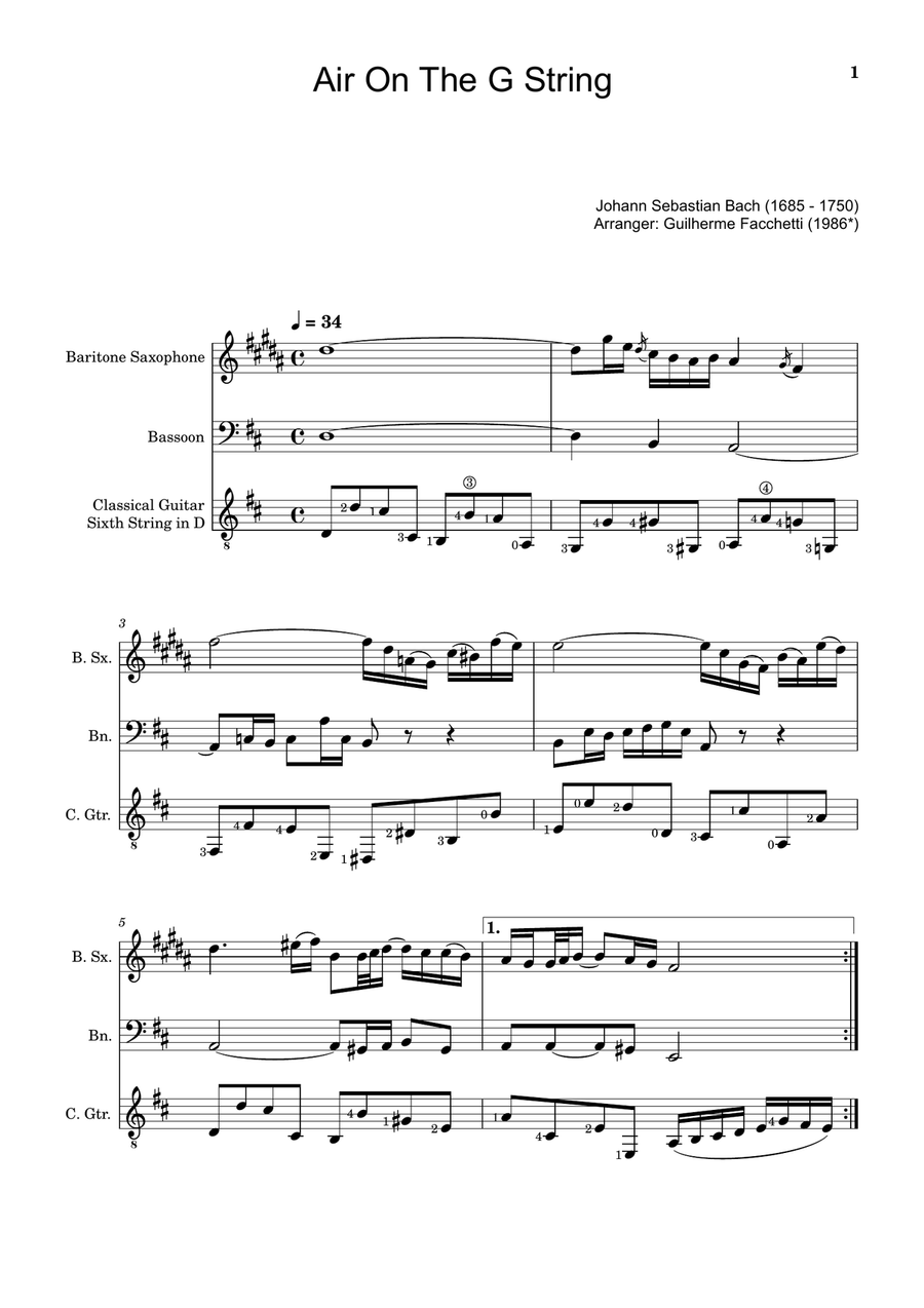 Air on the G String. For B. Sax, Bassoon and Guitar. Score and Parts. Small Ensemble scores gallery preview page 1