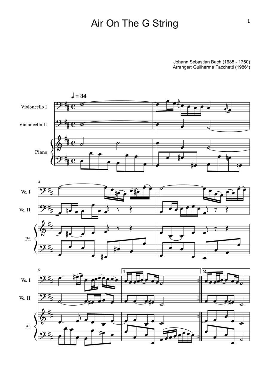 Air on the G String. For Violoncello Duet and Piano. Score and Parts. String Duet scores gallery preview page 1