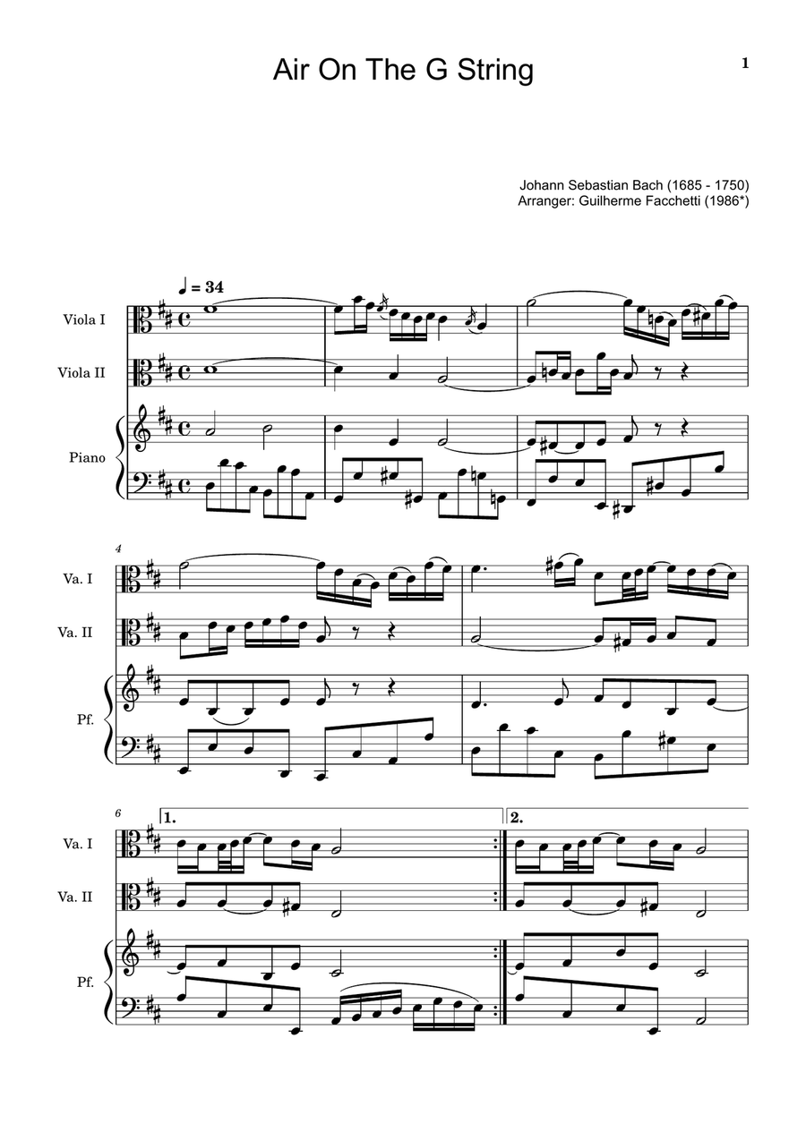 Air on the G String. For Viola Duet and Piano. Score and Parts. String Duet scores gallery preview page 1