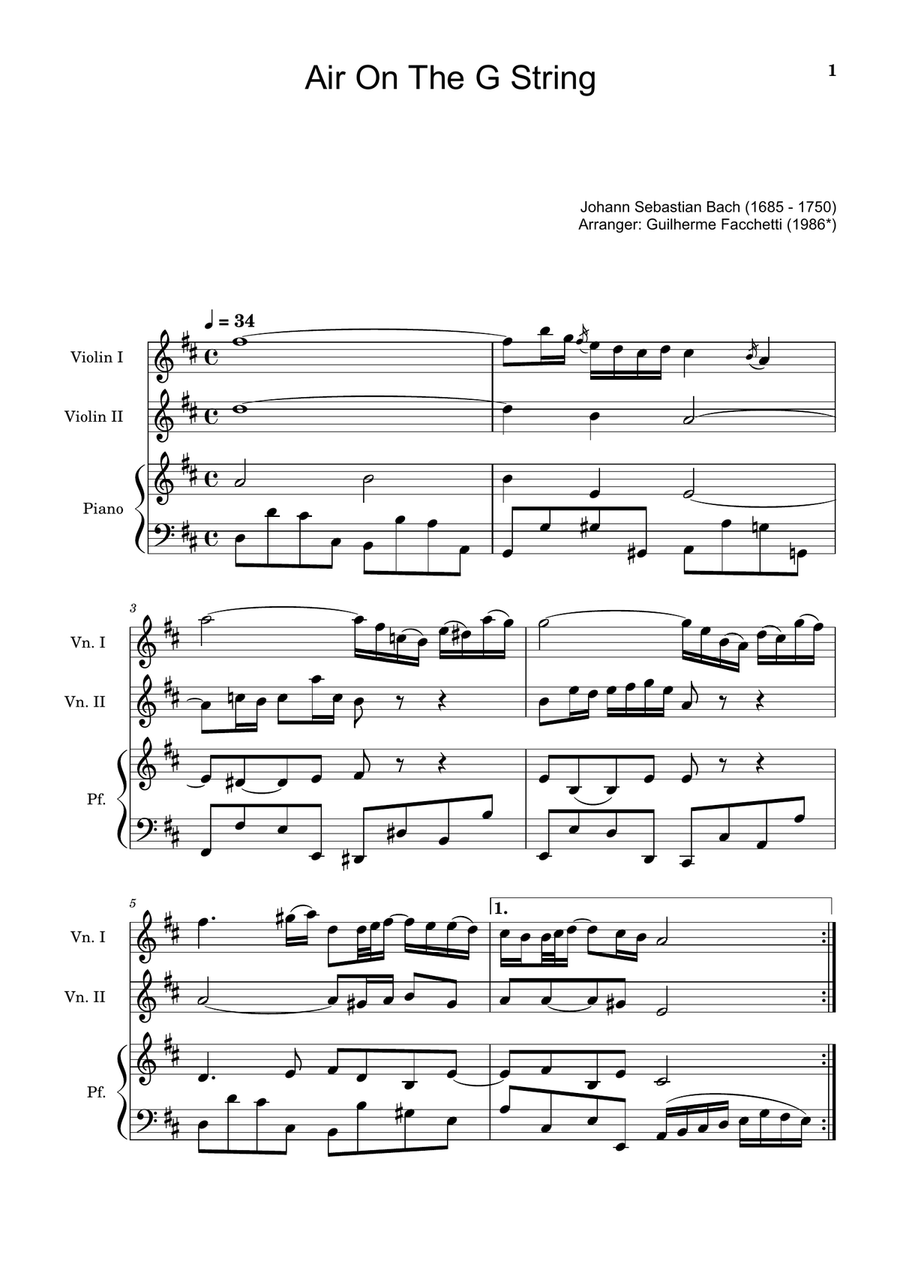 Air on the G String. For Violin Duet and Piano. Score and Parts. String Duet scores gallery preview page 1
