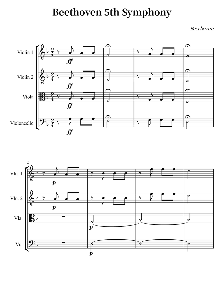 Beethoven 5th Symphony Beethoven 5th Symphony String Quartet scores gallery preview page 1