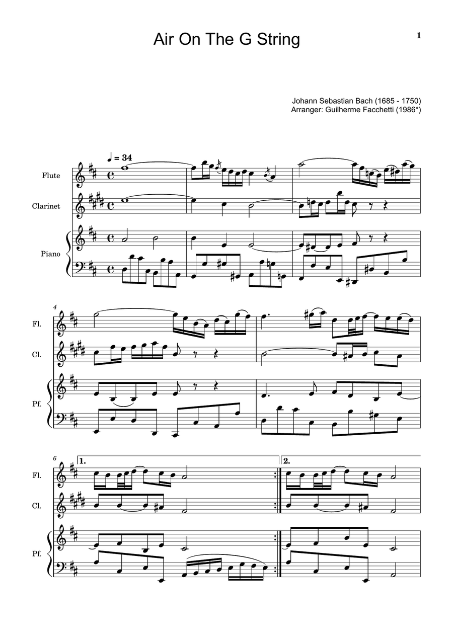 Air on the G String. For Flute, Clarinet and Piano. Score and Parts. Small Ensemble scores gallery preview page 1