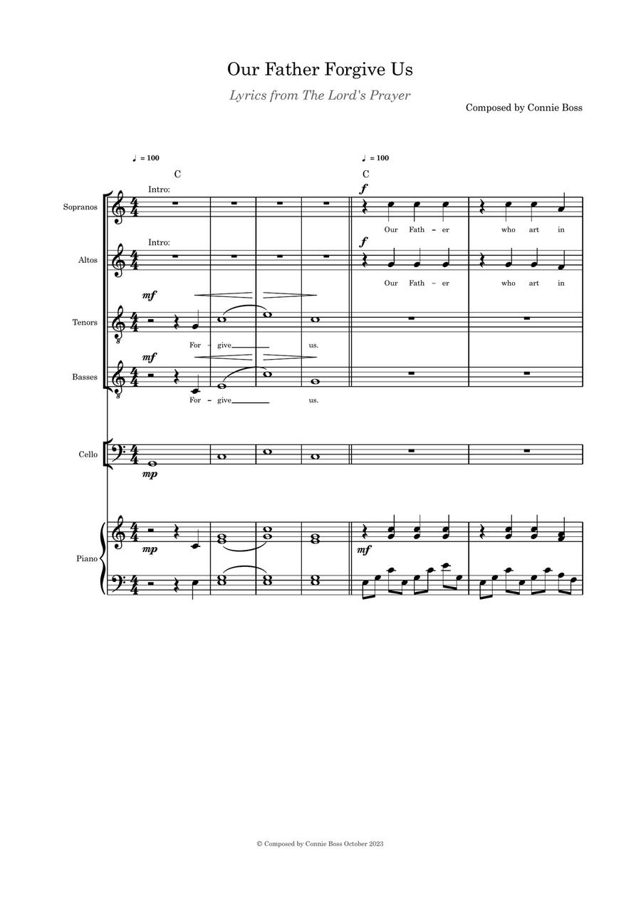 Our Father Forgive Us SATB cello or flute or violin and piano with parts pages 4-Part scores gallery preview page 1