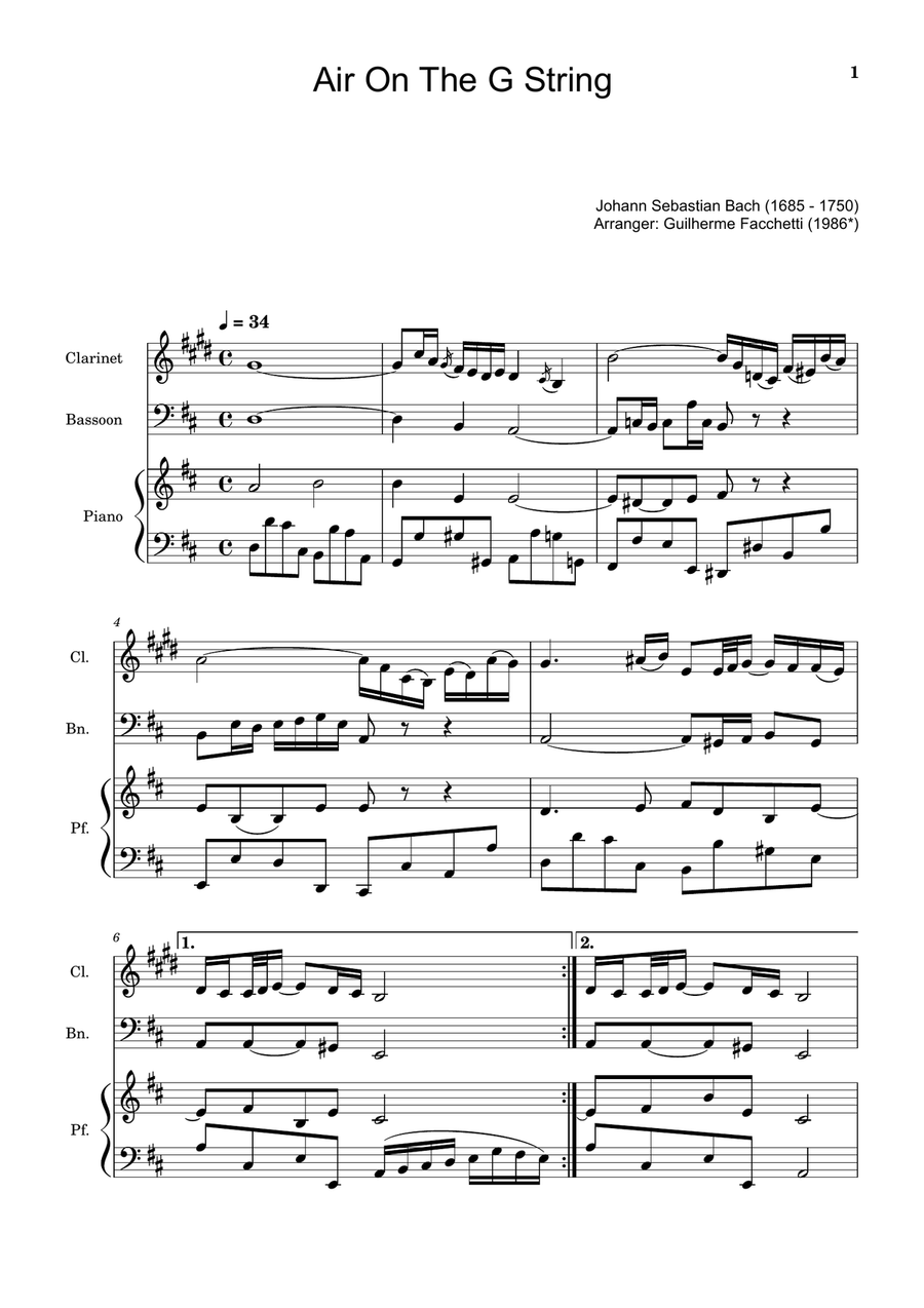 Air on the G String. For Clarinet, Bassoon and Piano. Score and Parts. Small Ensemble scores gallery preview page 1
