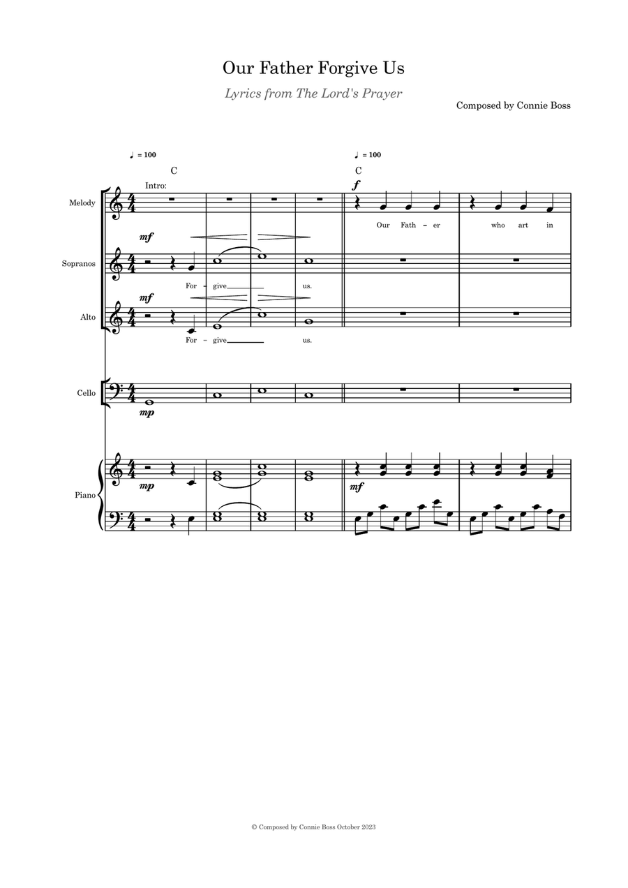 Our Father Forgive Us Trio optional instruments cello and piano with parts Small Ensemble scores gallery preview page 1