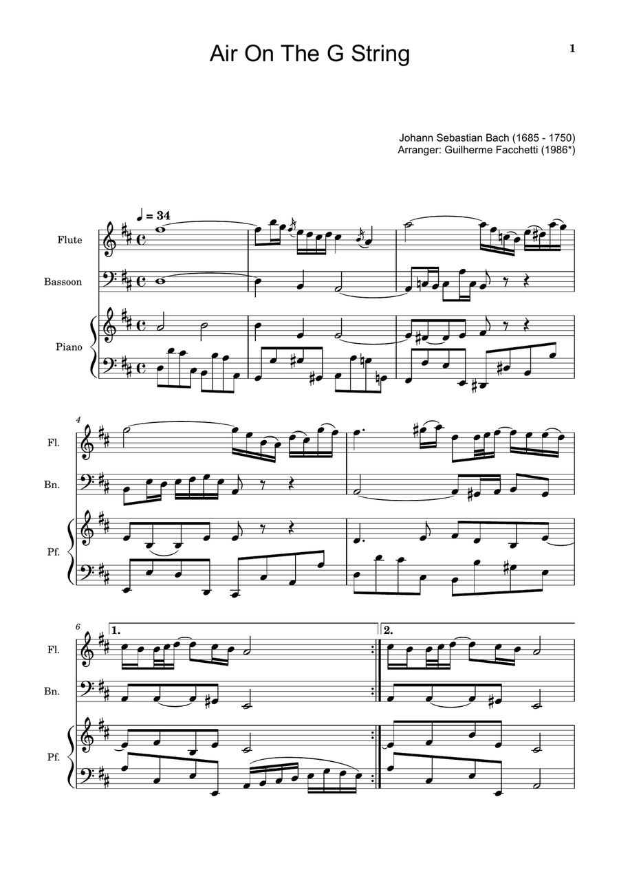 Air on the G String. For Flute, Bassoon and Piano. Score and Parts. Small Ensemble scores gallery preview page 1