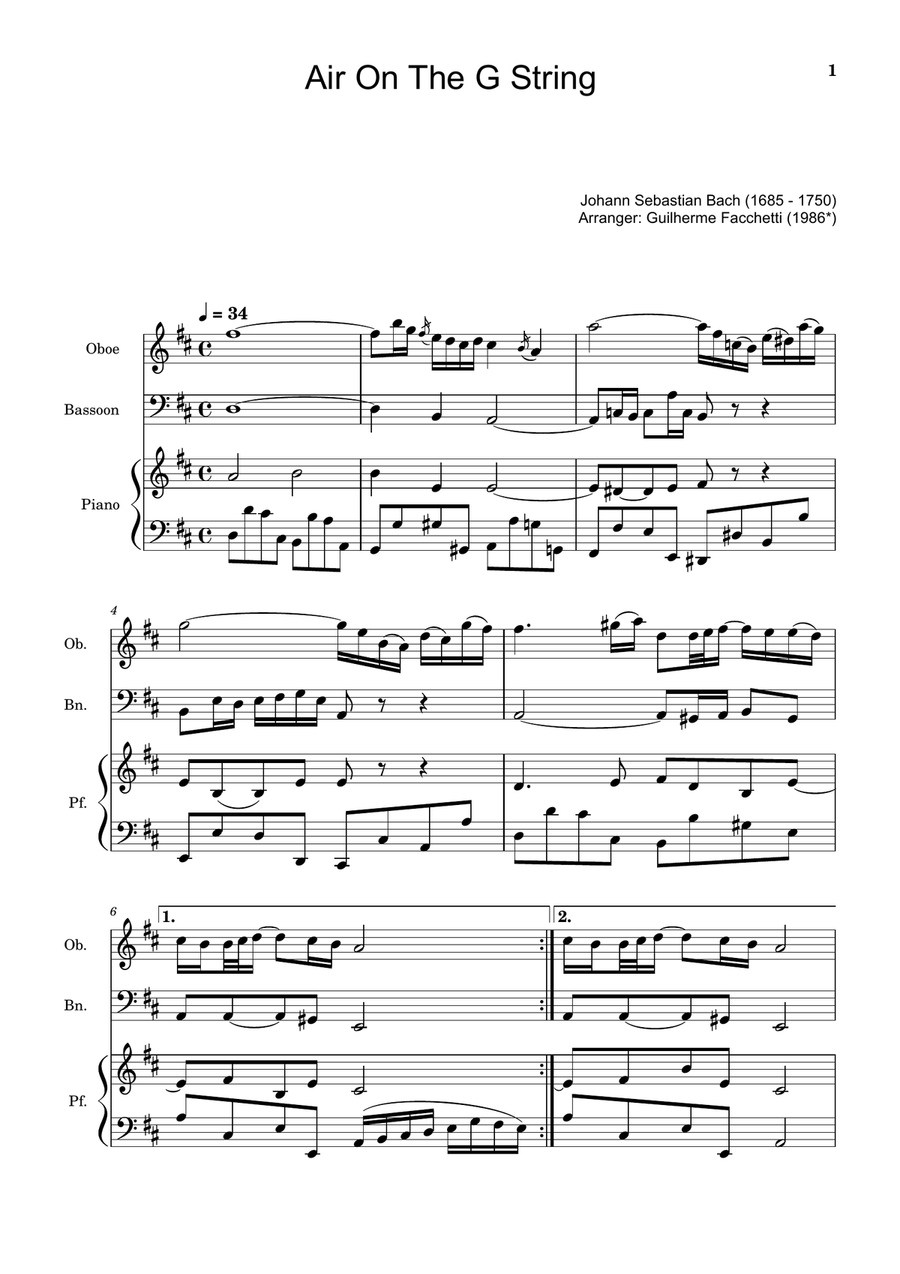 Air on the G String. For Oboe, Bassoon and Piano. Score and Parts. Small Ensemble scores gallery preview page 1