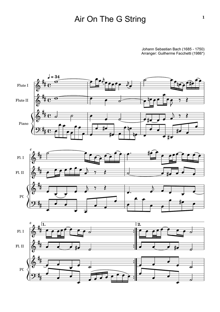 Air on the G String. For Flute Duet and Piano. Score and Parts. Flute Duet scores gallery preview page 1