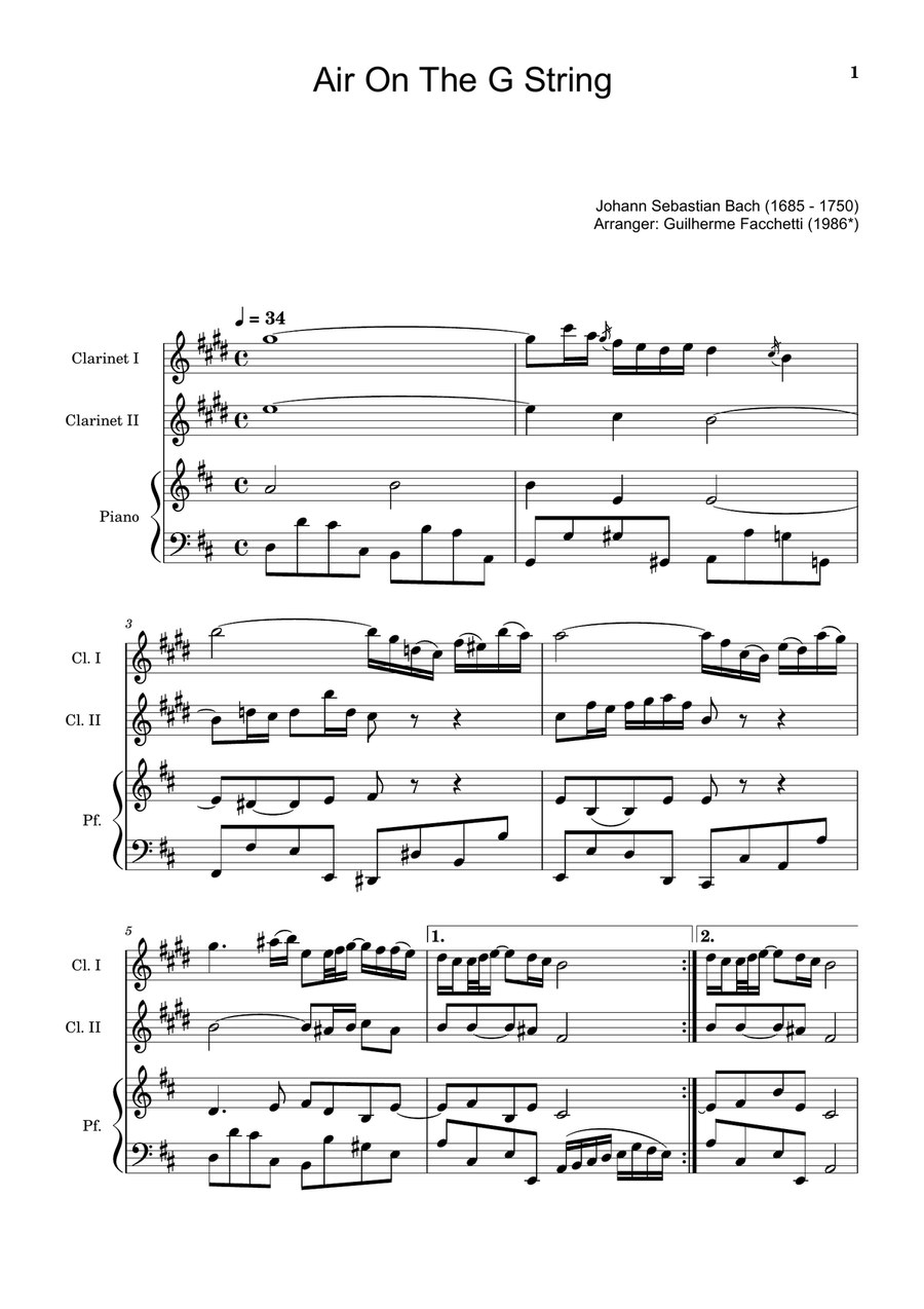 Air on the G String. For Clarinet Duet and Piano. Score and Parts. Clarinet Duet scores gallery preview page 1