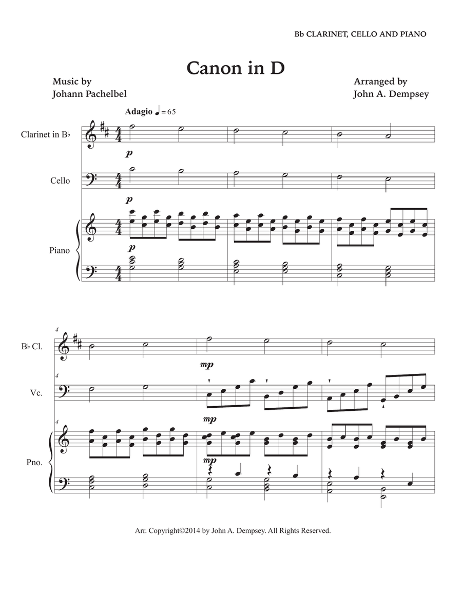 Canon in D (in C major): Trio for Clarinet, Cello and Piano Small Ensemble scores gallery preview page 5