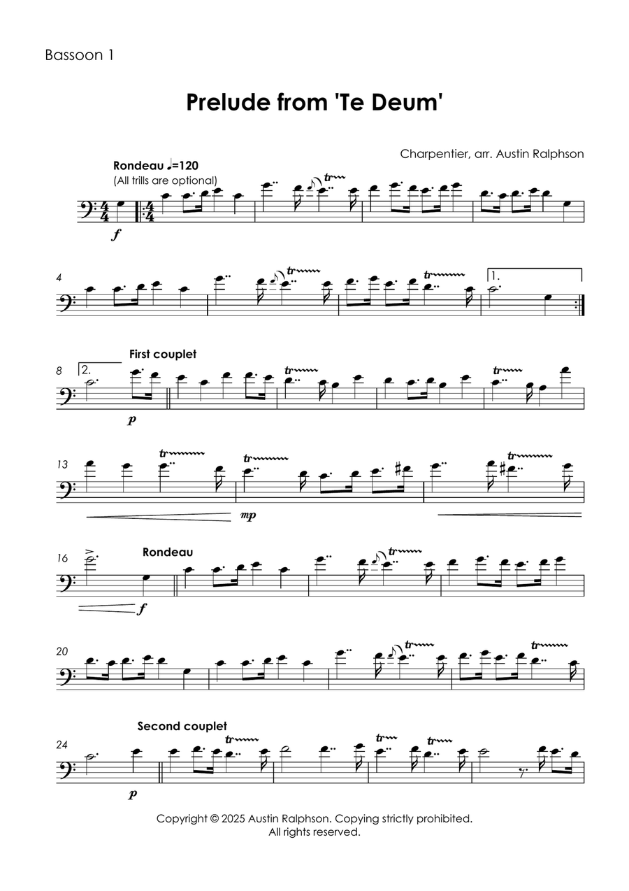 Prelude (Rondeau) from Te Deum - bassoon quartet Bassoon Quartet scores gallery preview page 3