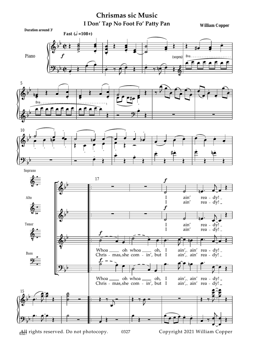 CHRISMAS SIC MUSIC (I DON' TAP NO FOOT FO' PATTY PAN) 4-Part scores gallery preview page 1