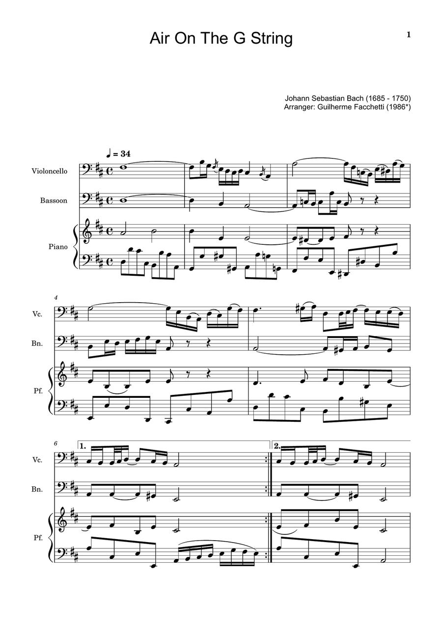 Air on the G String. For Violoncello, Bassoon and Piano. Score and Parts. Small Ensemble scores gallery preview page 1