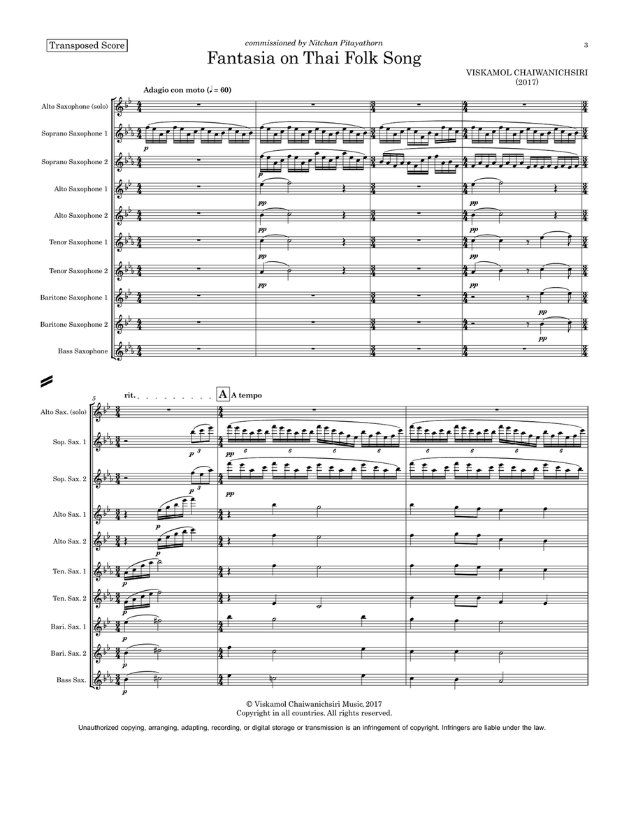 Fantasia on Thai Folk Tune (Saxophone Ensemble + Soloist) - Score Only Large Ensemble scores gallery preview page 5