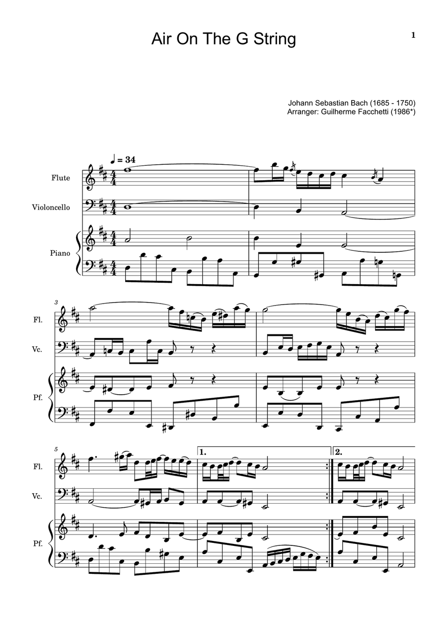 Air on the G String. For Flute, Violoncello and Piano. Score and Parts. Small Ensemble scores gallery preview page 1
