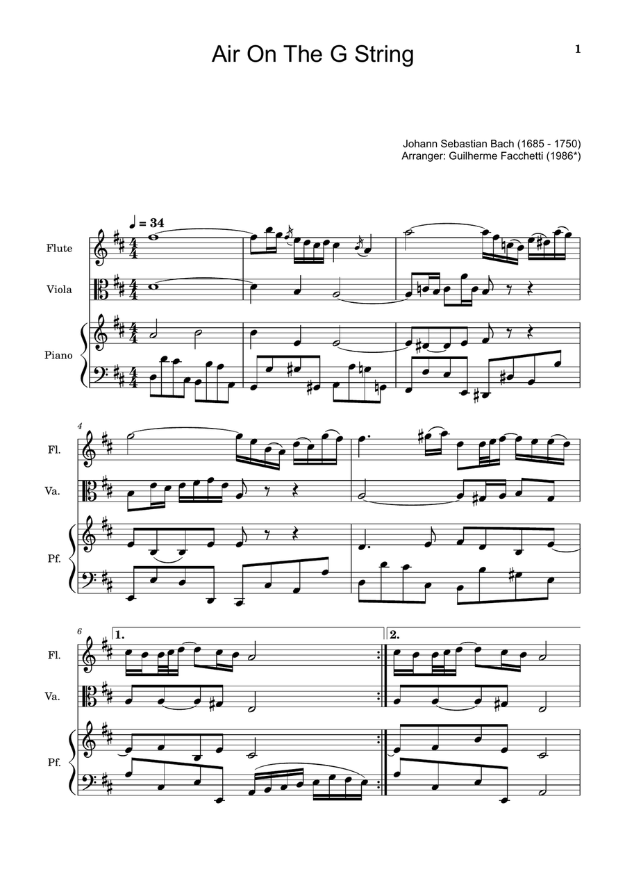 Air on the G String. For Flute, Viola and Piano. Score and Parts. Small Ensemble scores gallery preview page 1