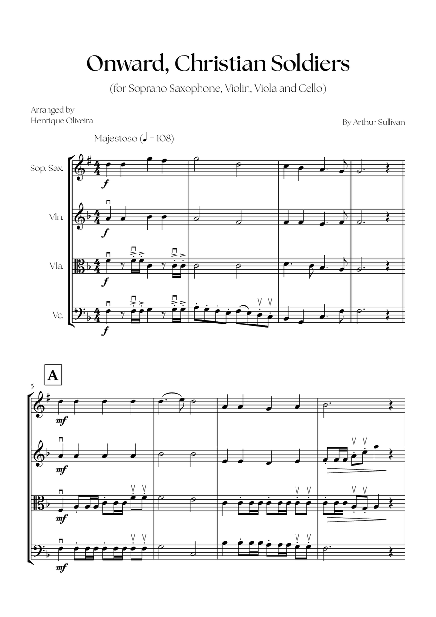 Onward, Christian Soldiers (Saxophone, Violin, Viola and Cello) - Easy Intermediate Level Small Ensemble scores gallery preview page 1