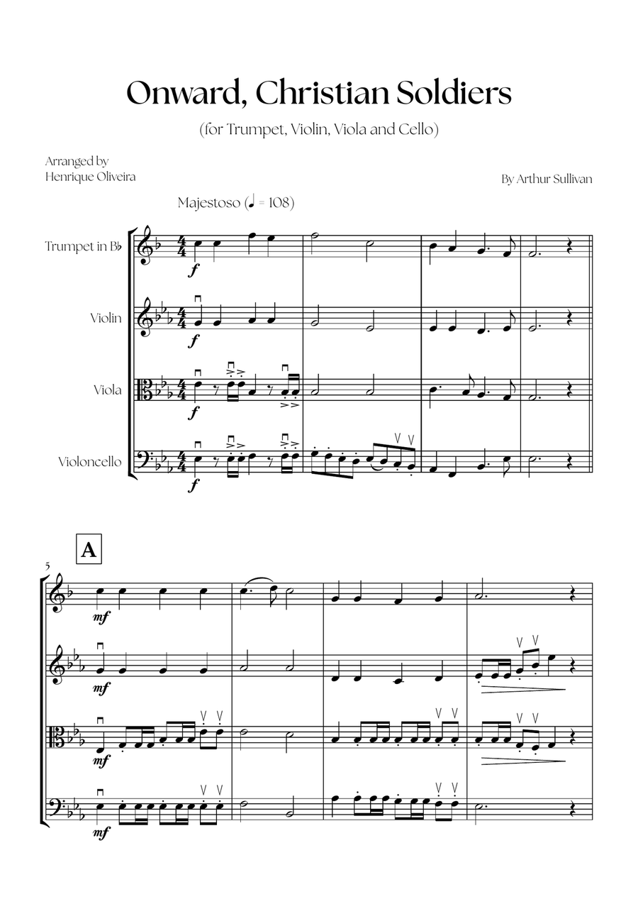Onward, Christian Soldiers (Trumpet, Violin, Viola and Cello) - Easy Intermediate Level Small Ensemble scores gallery preview page 1