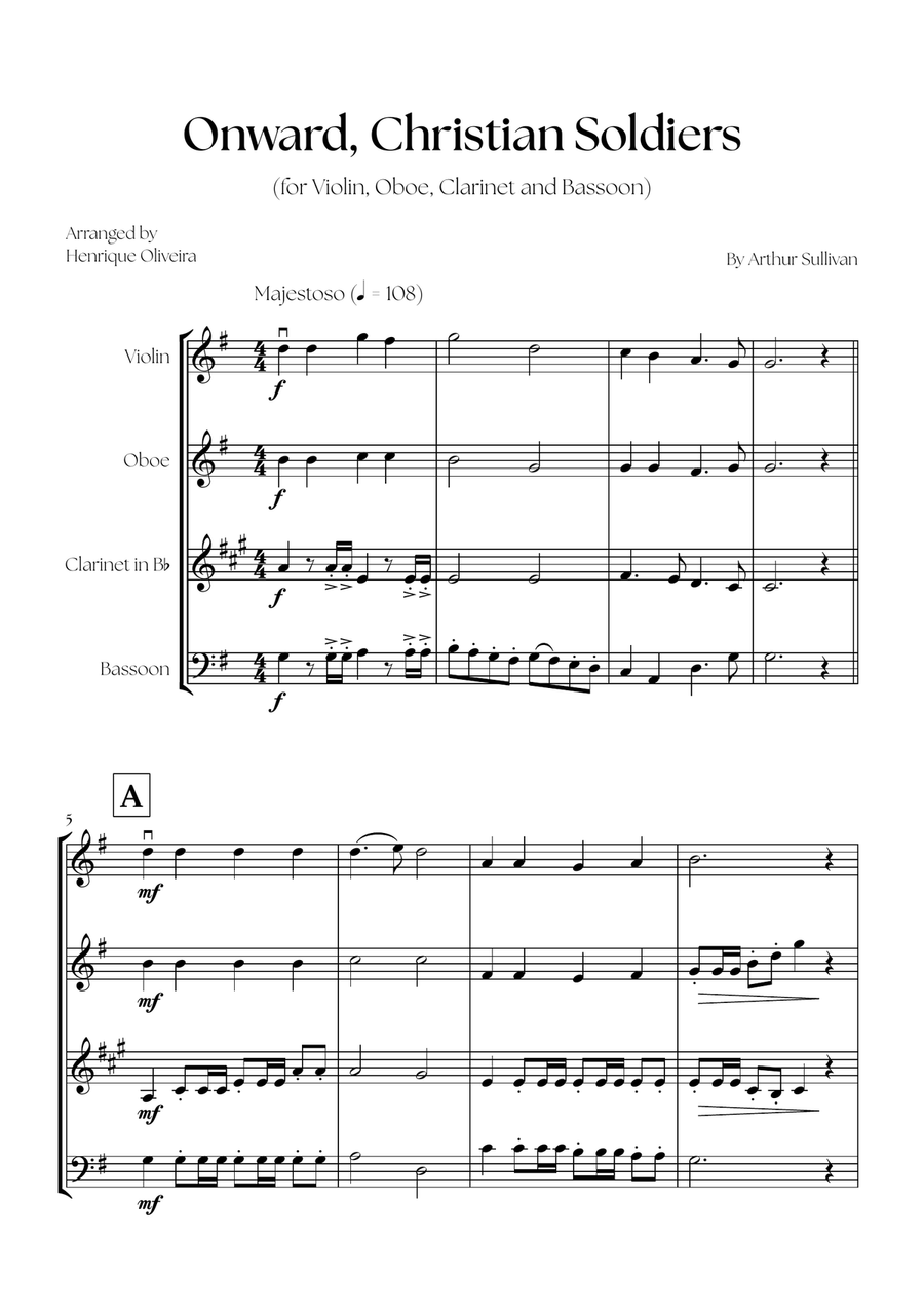 Onward, Christian Soldiers (Violin, Oboe, Clarinet and Bassoon) - Easy Intermediate Level Small Ensemble scores gallery preview page 1