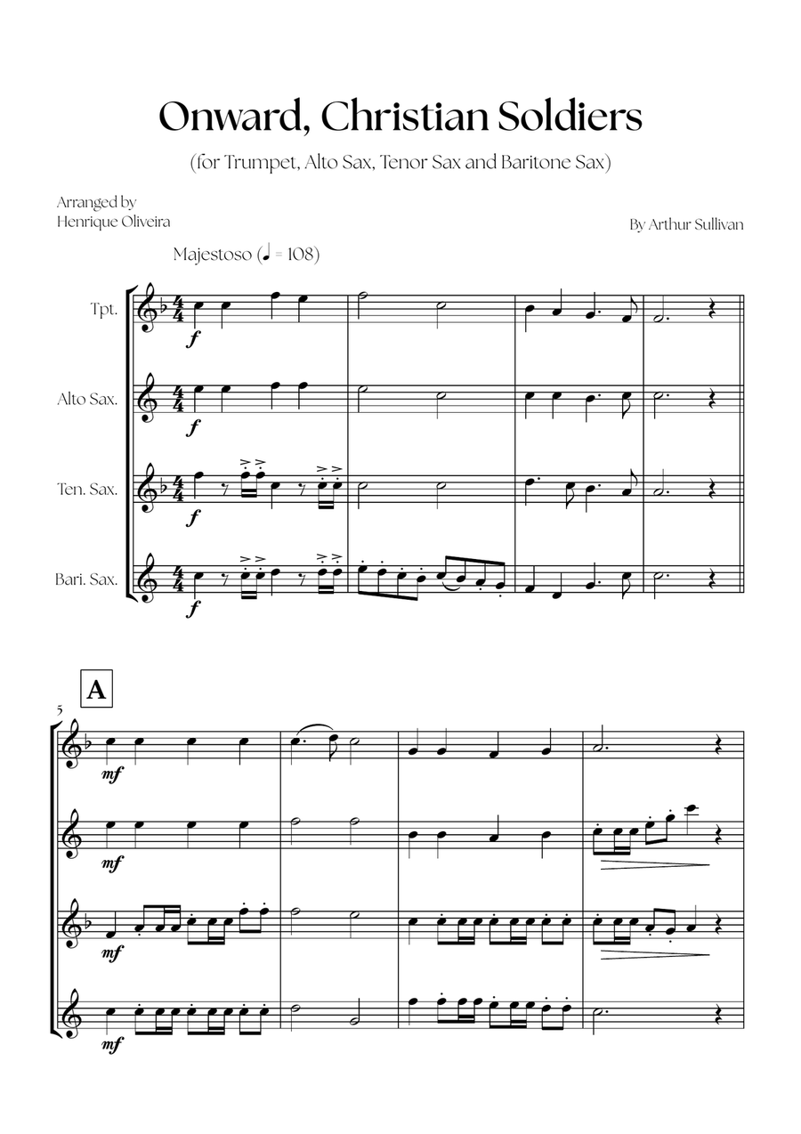 Onward, Christian Soldiers (Trumpet, Alto Sax, Tenor Sax and Baritone Sax) - Easy Intermediate Level Small Ensemble scores gallery preview page 1