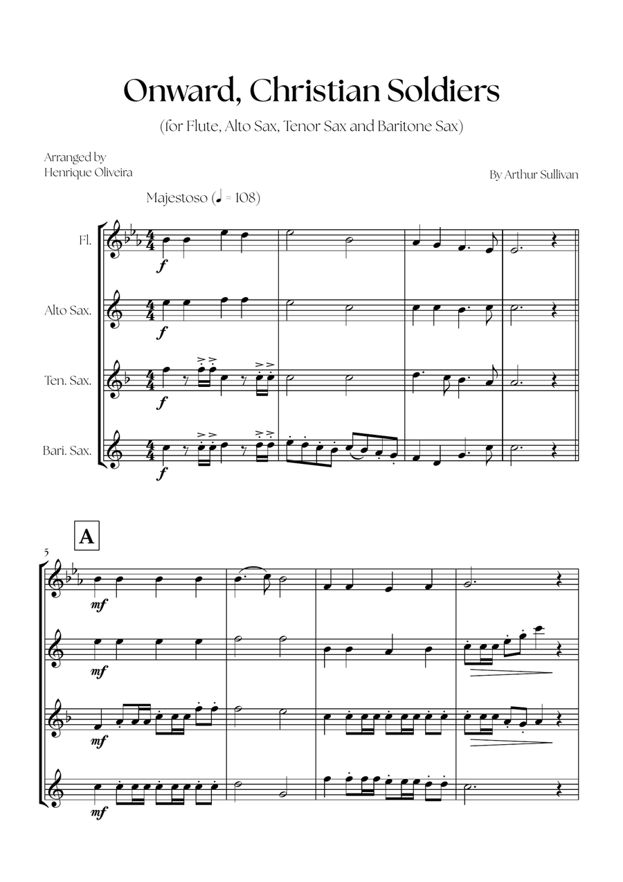 Onward, Christian Soldiers (Flute, Alto Sax, Tenor Sax and Baritone Sax) - Easy Intermediate Level Small Ensemble scores gallery preview page 1