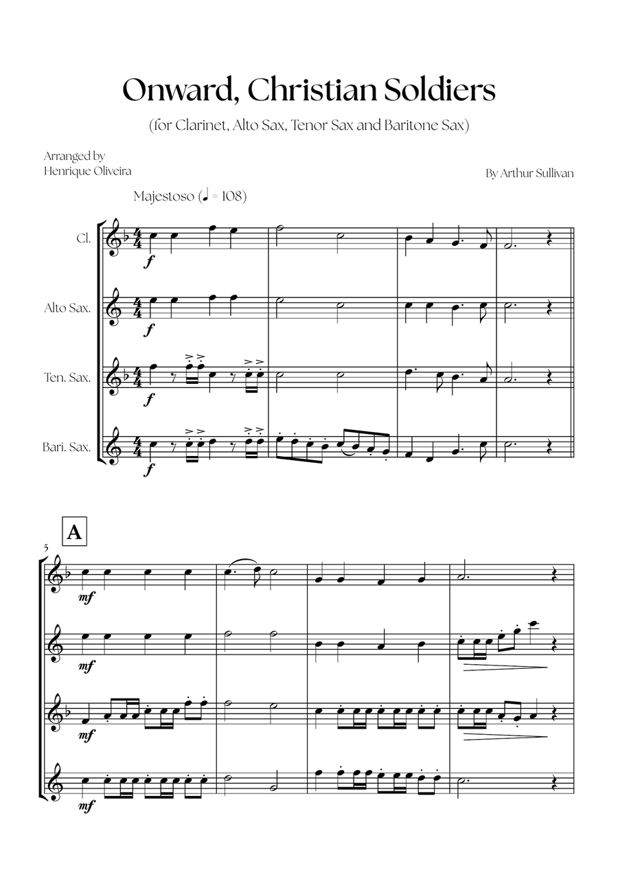 Onward, Christian Soldiers (Clarinet, Alto Sax, Tenor Sax and Baritone Sax)- Easy Intermediate Level Small Ensemble scores gallery preview page 1