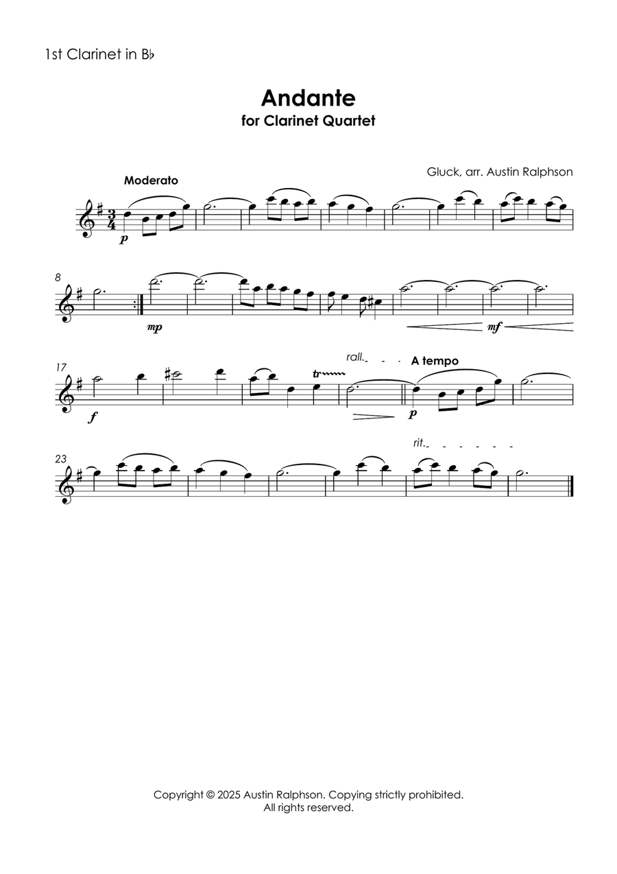 Andante from “Dance of the Blessed Spirits” - clarinet quartet Clarinet Quartet scores gallery preview page 3