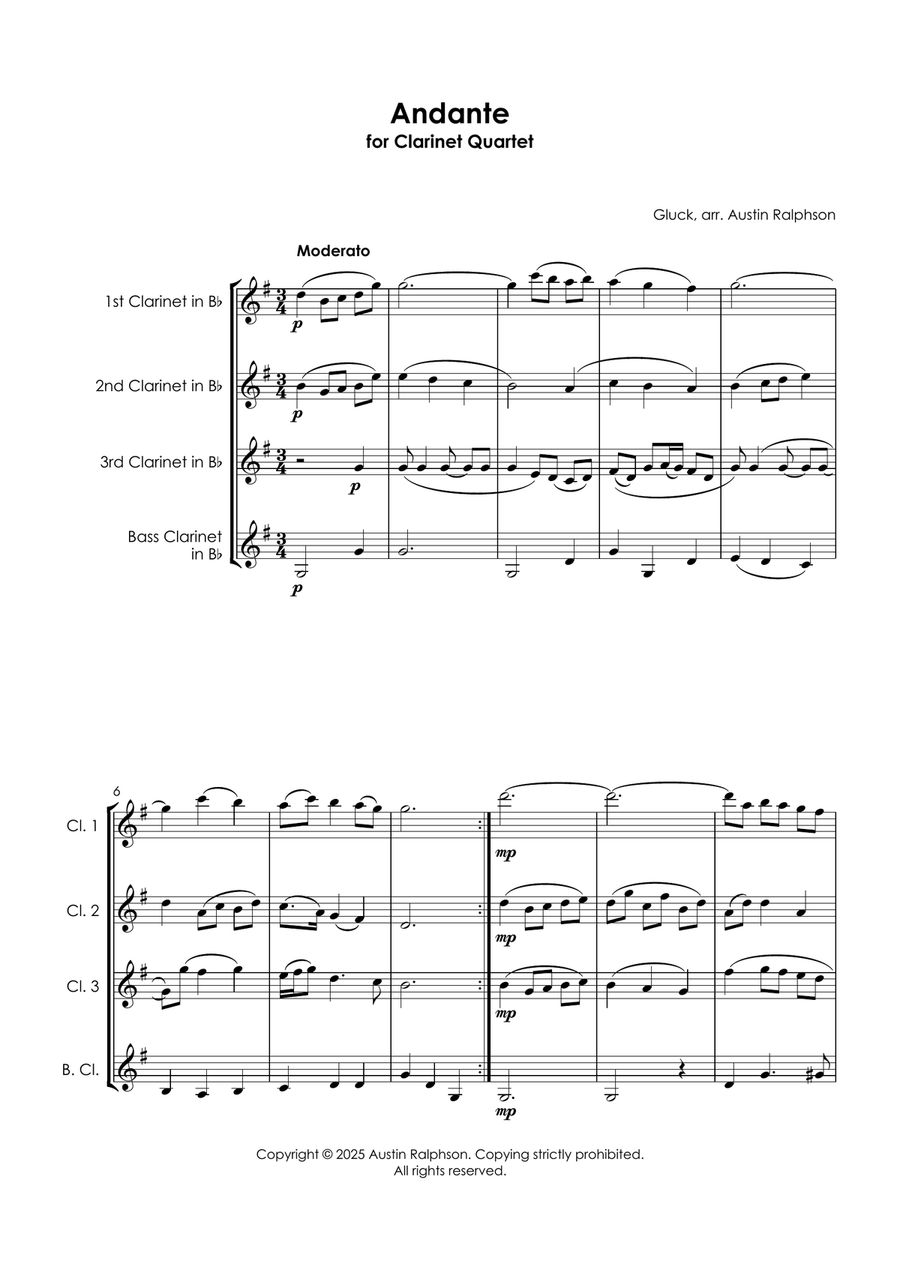 Andante from “Dance of the Blessed Spirits” - clarinet quartet Clarinet Quartet scores gallery preview page 4